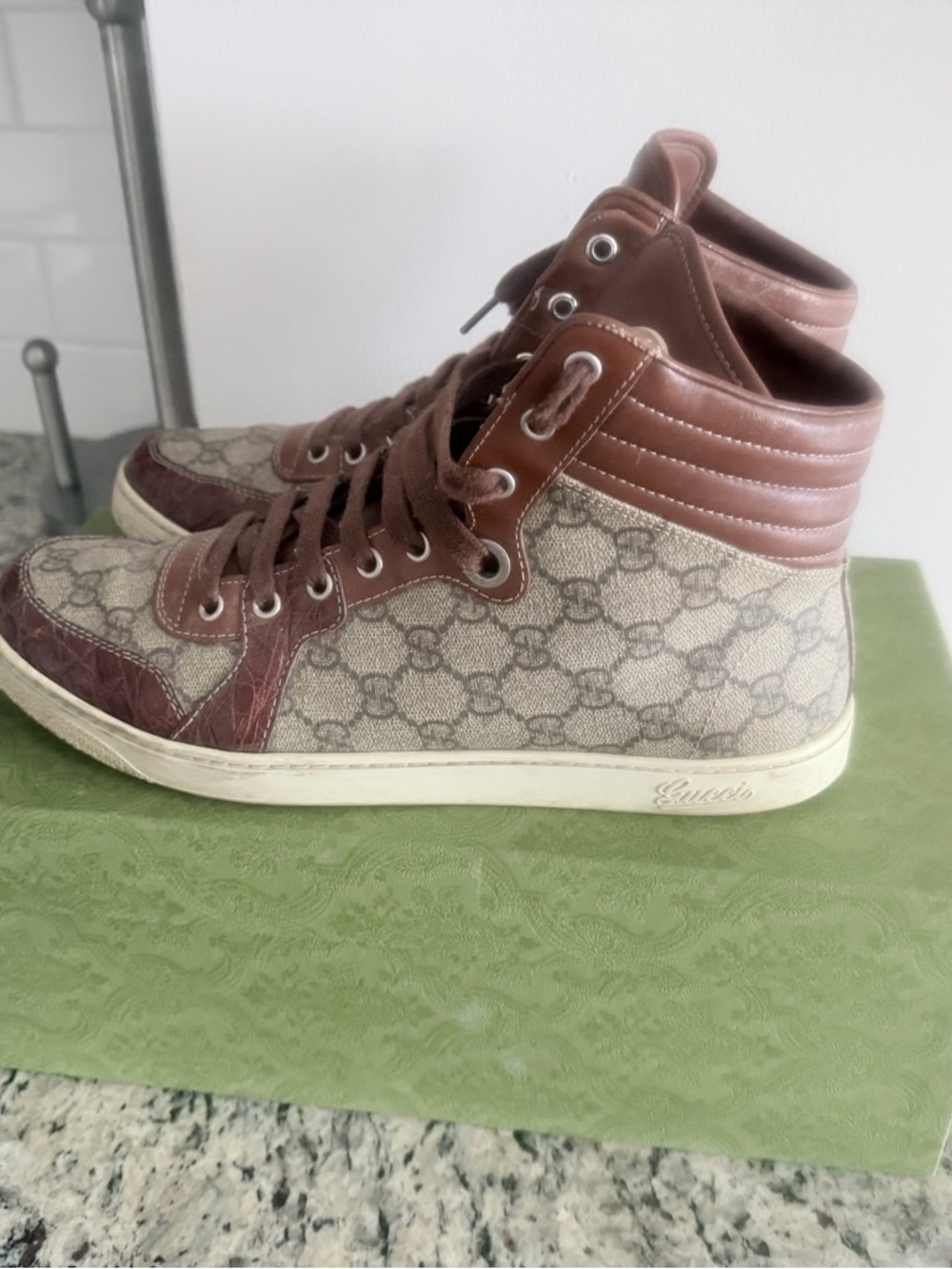 Gucci Brown & Beige GG Canvas High-Top Sneakers - Picture 3 of 3